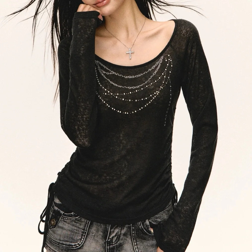 Black Long Sleeve Scoop Neck Top with Studded Chain Prints - Picture 2 of 2